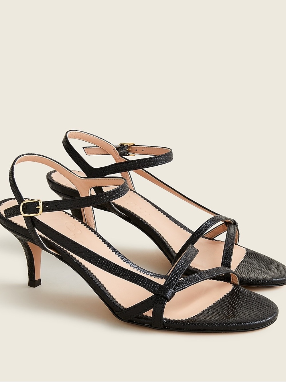 J. Crew Strappy kitten-heel sandals in lizard-embossed leather, size 8.5, Black